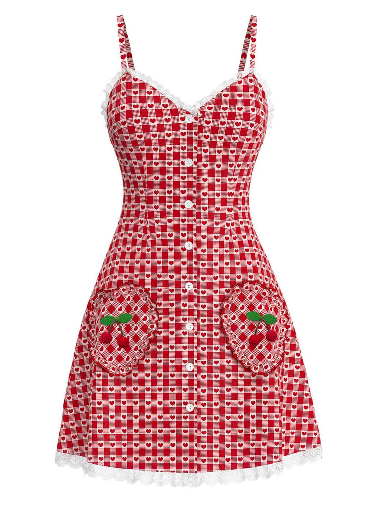 [Vorverkauf] Rot 1960er Herz Kirsche Kariert Spitze Slip Kleid