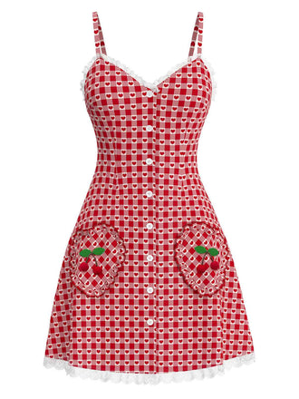 [Vorverkauf] Rot 1960er Herz Kirsche Kariert Spitze Slip Kleid