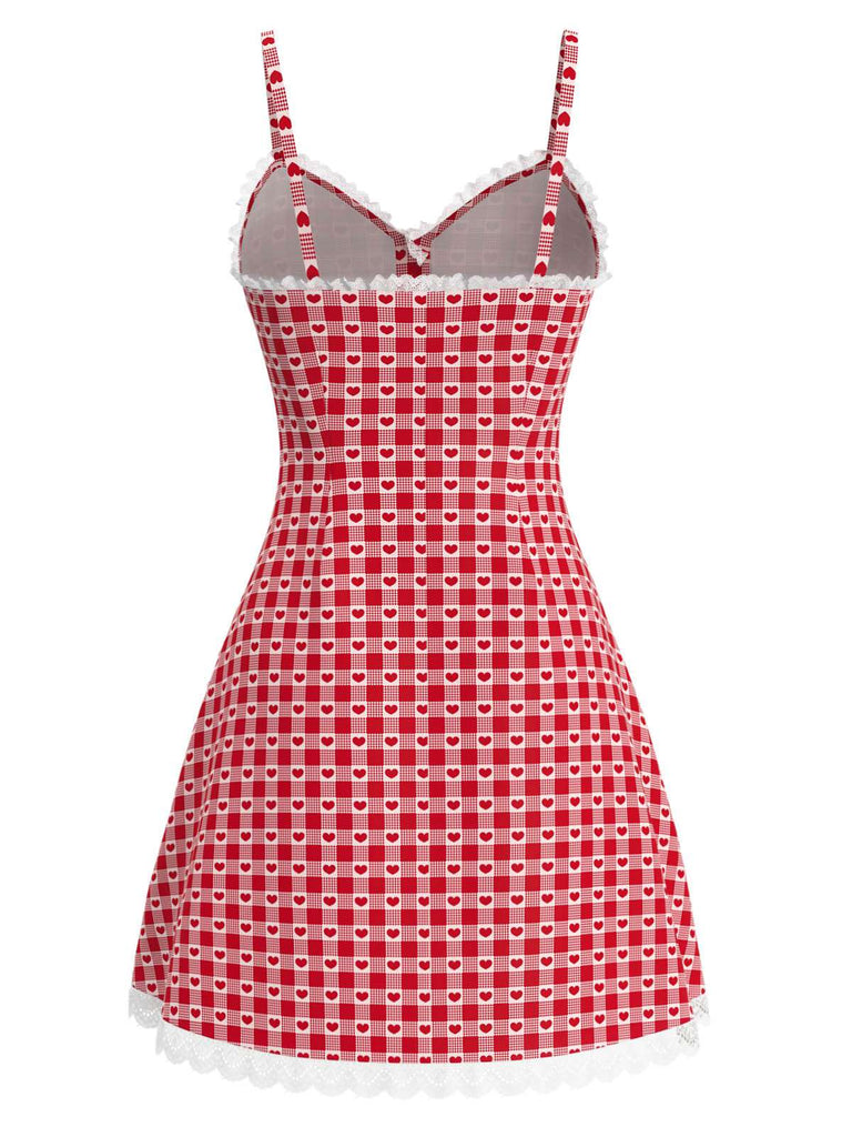 [Vorverkauf] Rot 1960er Herz Kirsche Kariert Spitze Slip Kleid