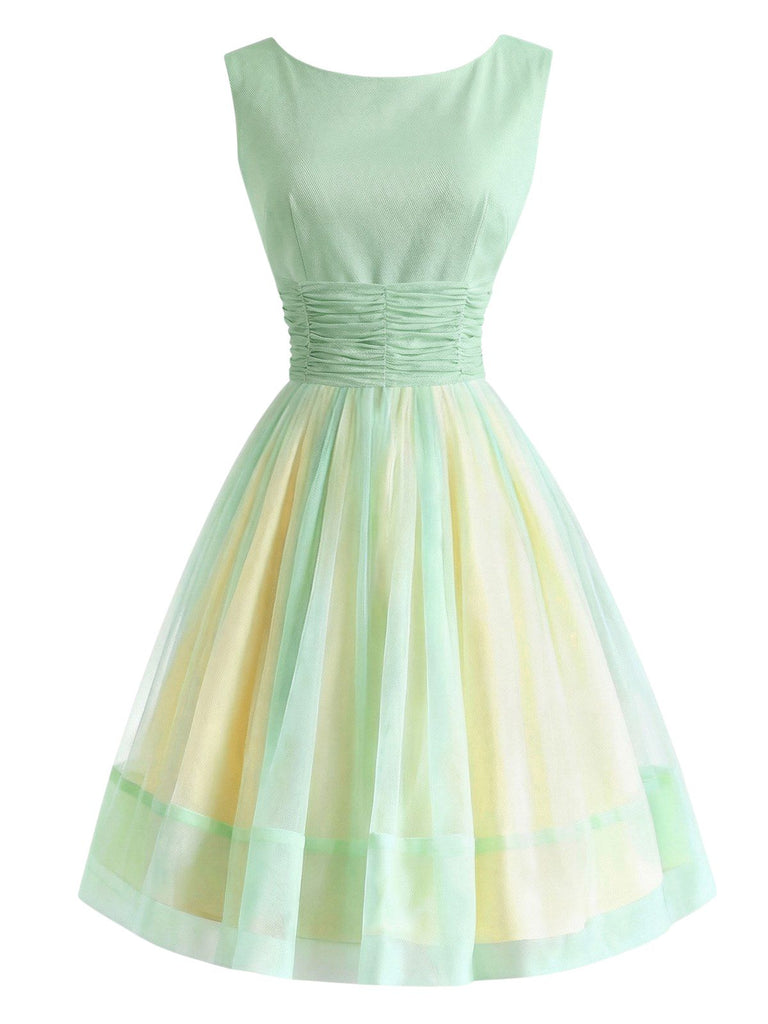 [Vorverkauf] Gelb Grün 1950er Bootskragen Netz Kleid