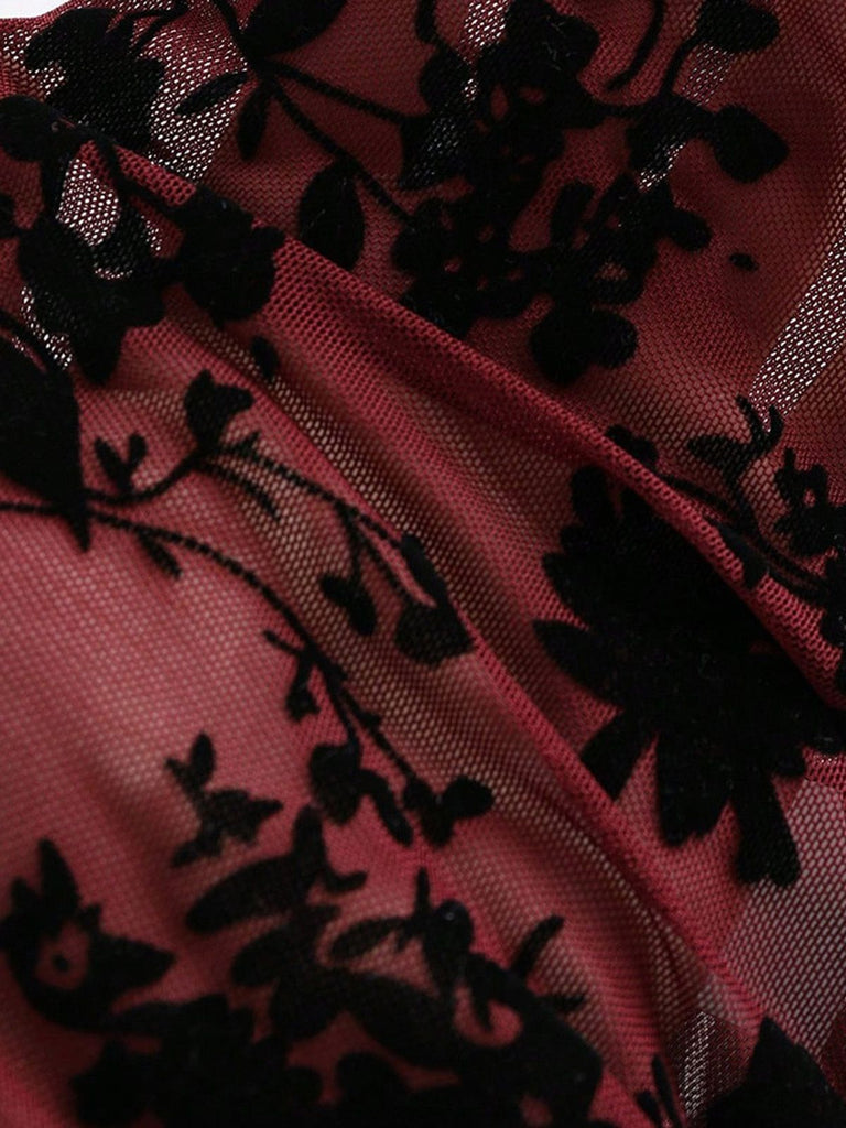 3PCS Weinrot 1930er Beflockt Blumen Transparent Set