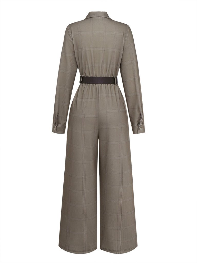 Grün 1930er Kariert Revers Gürtel Jumpsuit