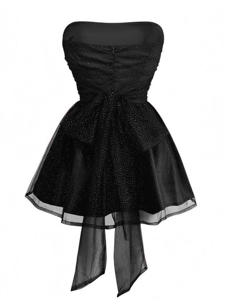 1960er Trägerlos Glitzer Rückenbindung Tüll Kleid