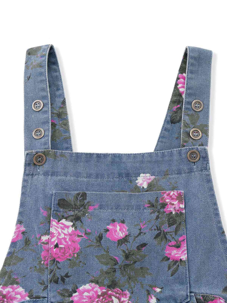 Blau 1960er Jeansstoff Blumen Breit Träger Romper