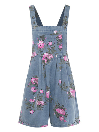 Blau 1960er Jeansstoff Blumen Breit Träger Romper