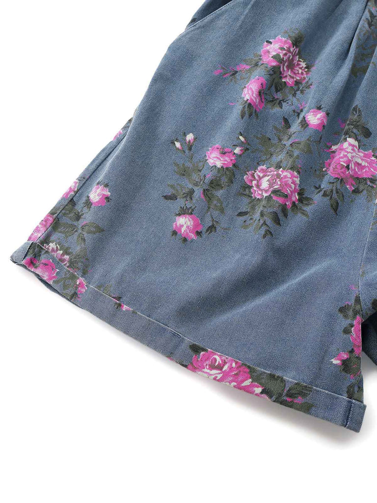Blau 1960er Jeansstoff Blumen Breit Träger Romper