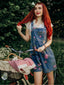 Blau 1960er Jeansstoff Blumen Breit Träger Romper