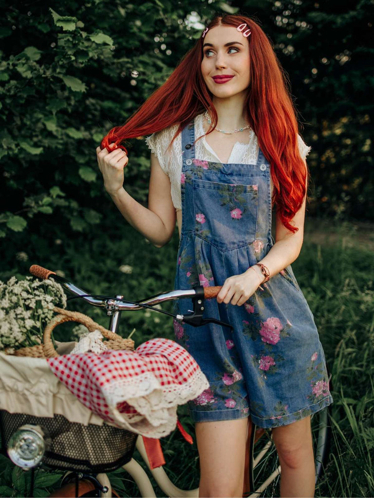 Blau 1960er Jeansstoff Blumen Breit Träger Romper