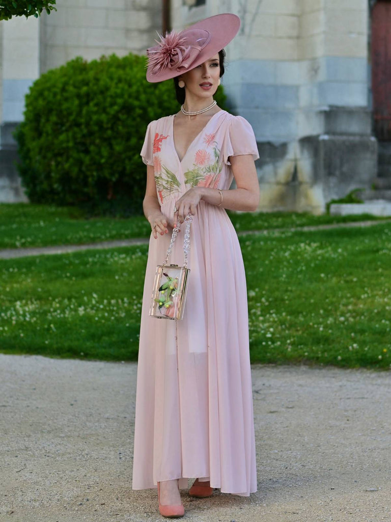 Rosa 1940er V-Ausschnitt Rüschen Ärmel Blumen Druck Kleid