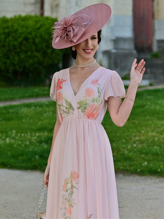 Rosa 1940er V-Ausschnitt Rüschen Ärmel Blumen Druck Kleid