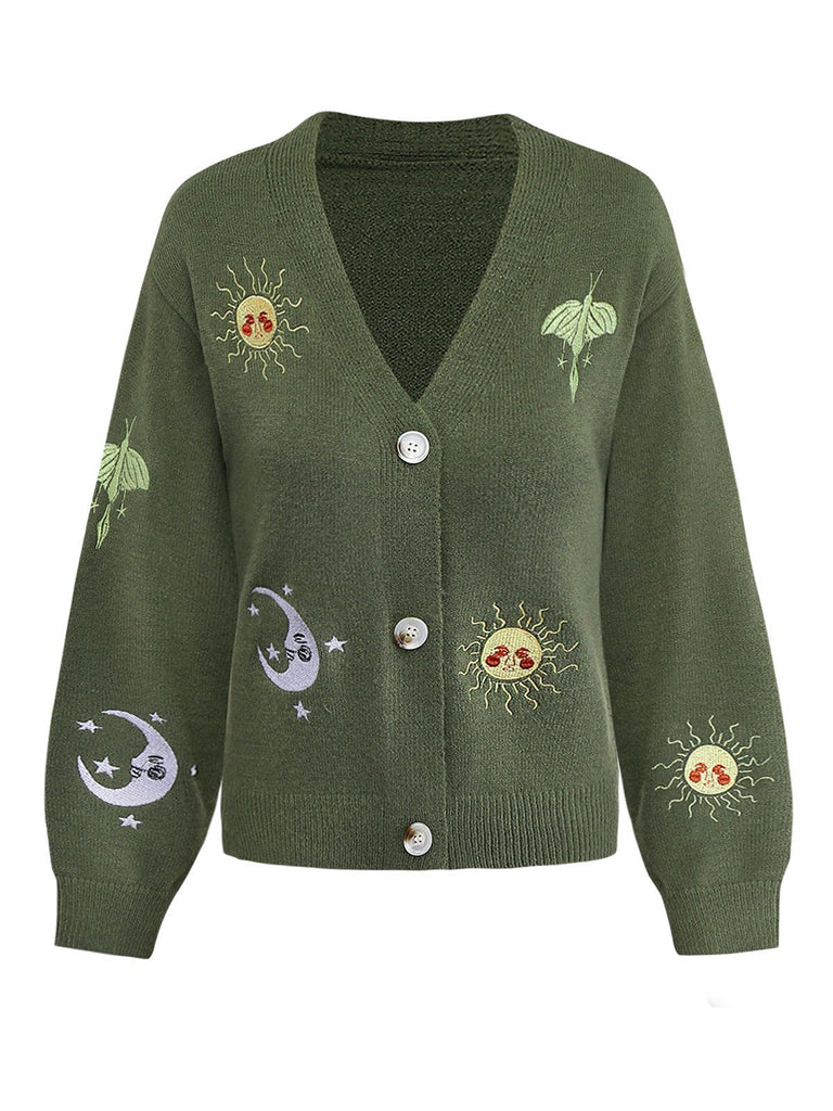 1980er Sonne Mond Bestickt Laternenärmel Stricken Cardigan