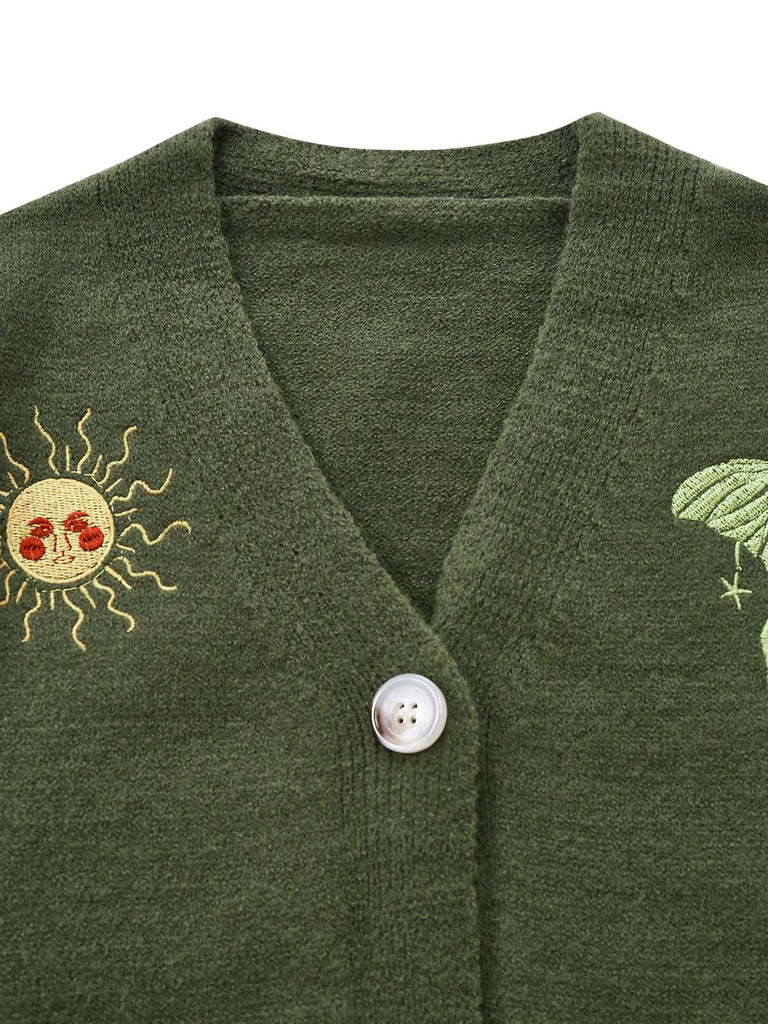 1980er Sonne Mond Bestickt Laternenärmel Stricken Cardigan