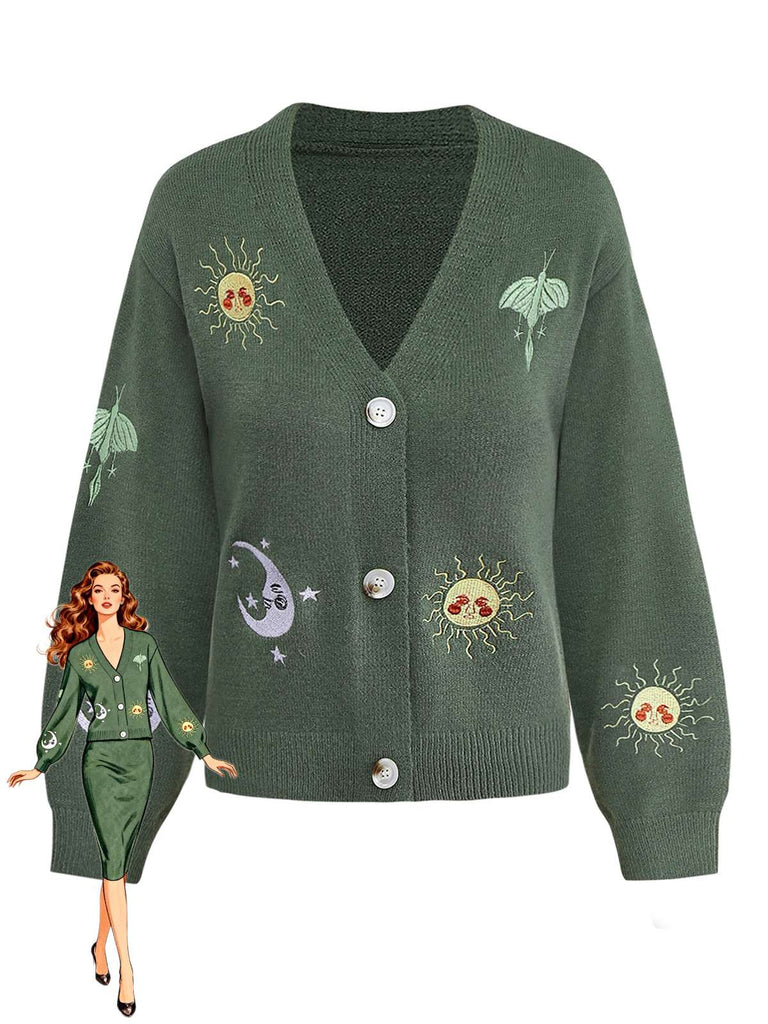 1980er Sonne Mond Bestickt Laternenärmel Stricken Cardigan