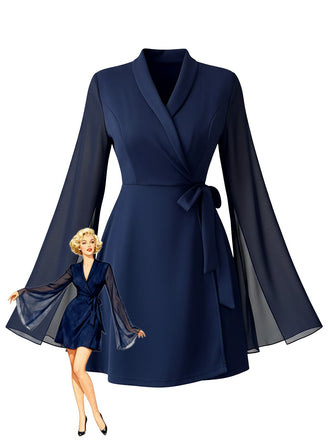 Blau 1980er Solide Schlitz Netz Ärmel Bogen Revers Kleid