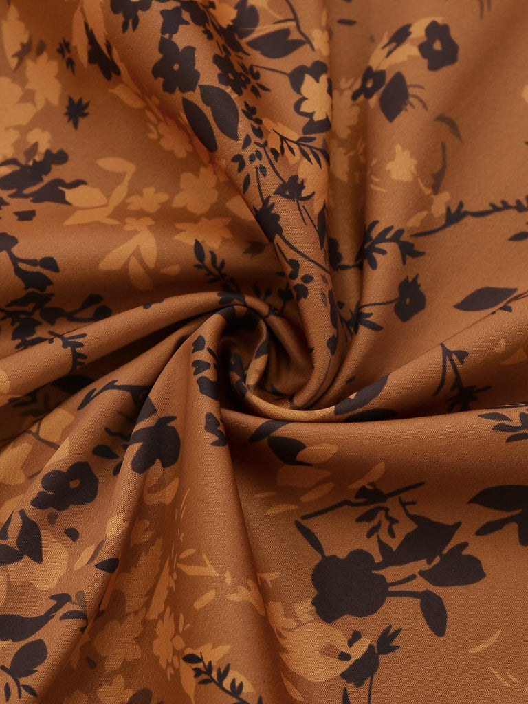 Braun 1930er Kleinblümchen Blumen Revers Maxi Kleid
