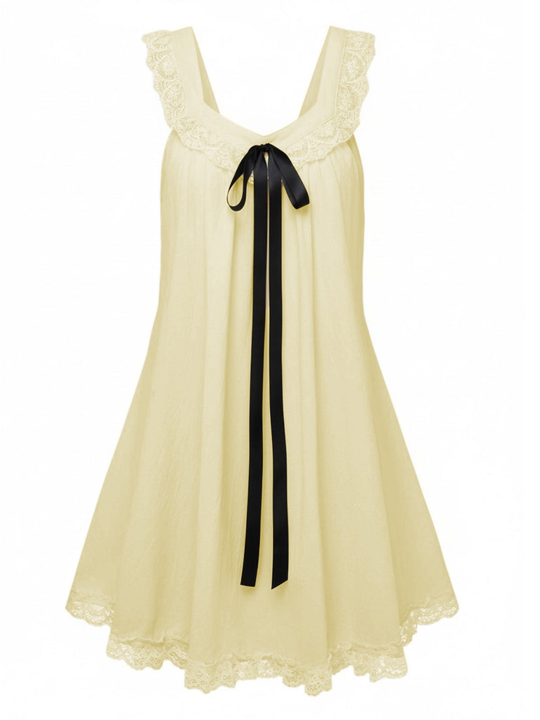 Gelb 1960er Solide Bogen Rückenfrei Spitze Babydoll Kleid