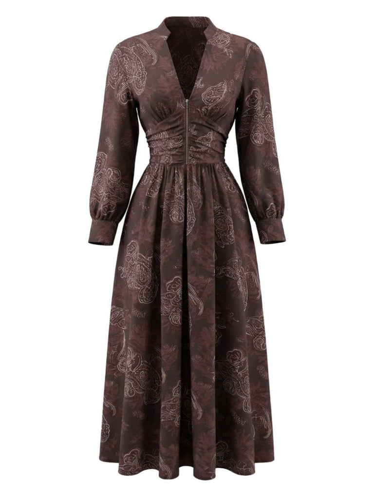 Braun 1970er Boho Paisley Steh V-Ausschnitt Gesmokt Kleid
