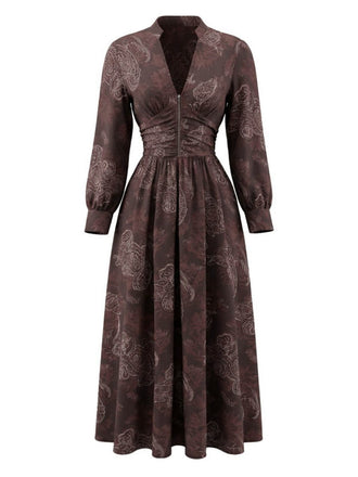 Braun 1970er Boho Paisley Steh V-Ausschnitt Gesmokt Kleid