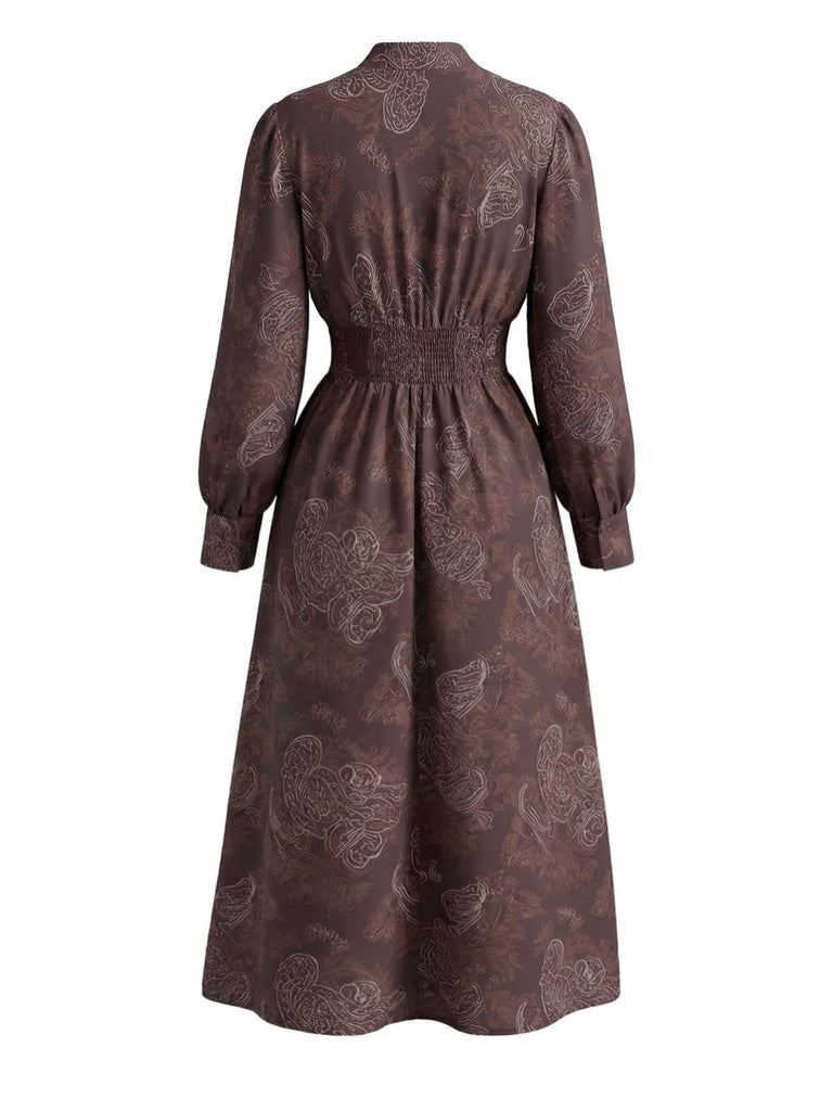 Braun 1970er Boho Paisley Steh V-Ausschnitt Gesmokt Kleid