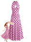 Pfirsichrosa 1930er Polka Dot V-Ausschnitt Halter Midi Kleid
