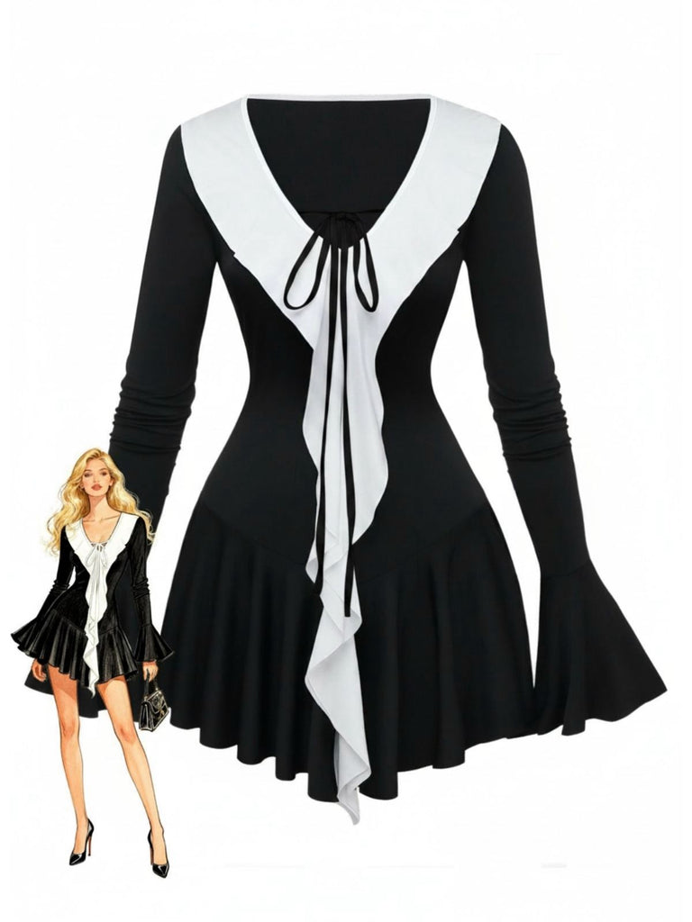 Schwarz & Weiß 1960er Rüschen Peplum Kleid