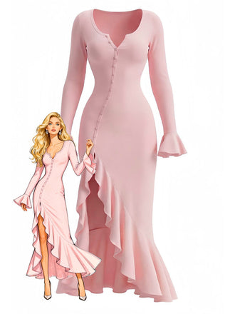 1930er Rüschen Taste Seiten Schlitz Midi Kleid