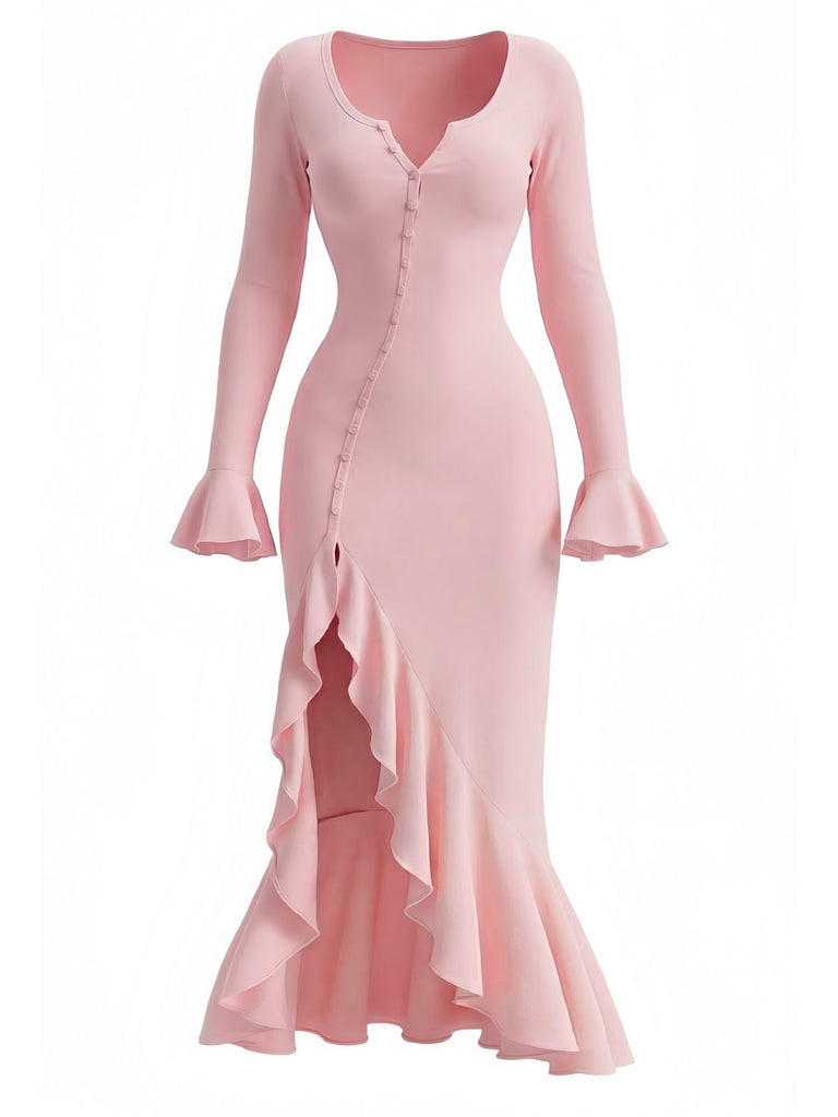 1930er Rüschen Taste Seiten Schlitz Midi Kleid