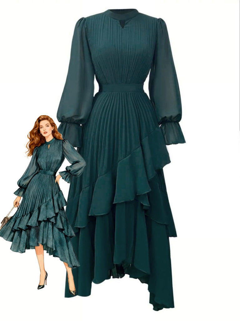 1950er Solide Rüschen Saum Plissiertes Kleid