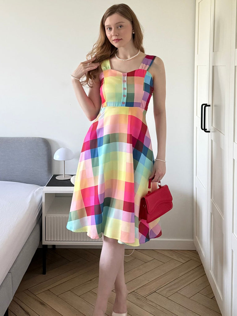 Bunt 1950er Karo Breite Träger A-Linie Kleid