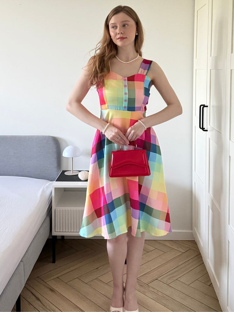 Bunt 1950er Karo Breite Träger A-Linie Kleid