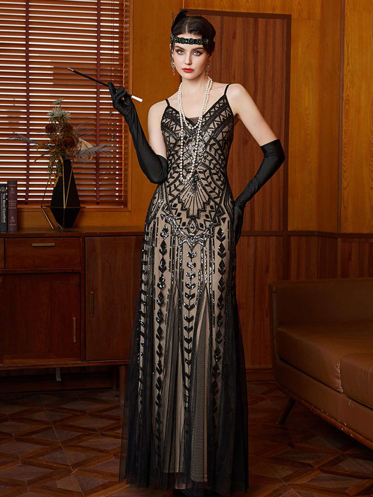 Schwarz 1920er Gatsby Pailletten Netz Maxi Abend Kleid