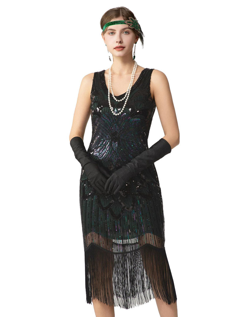 Dunkelgrün 1920er Pailletten Fransen Ärmellos U-Ausschnitt Flapper Kleid