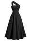 Schwarz 1930er Solide Wickel Eine Schulter Taille Gerafft Kleid
