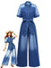 Denim 1970er Revers Knöpfe Gürtel Taille Jumpsuit