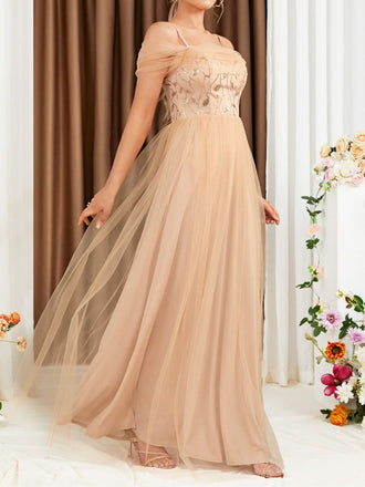 Beige 1930er Pailletten Netz Patchwork Kalte Schulter Kleid