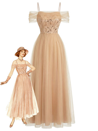 Beige 1930er Pailletten Netz Patchwork Kalte Schulter Kleid