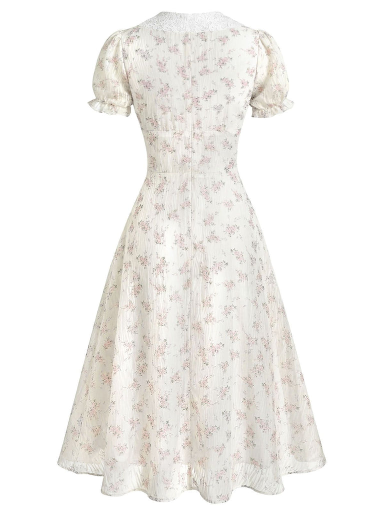 [Vorverkauf] 1940er Blumen Spitze V-Ausschnitt Kurzarm Midi Kleid