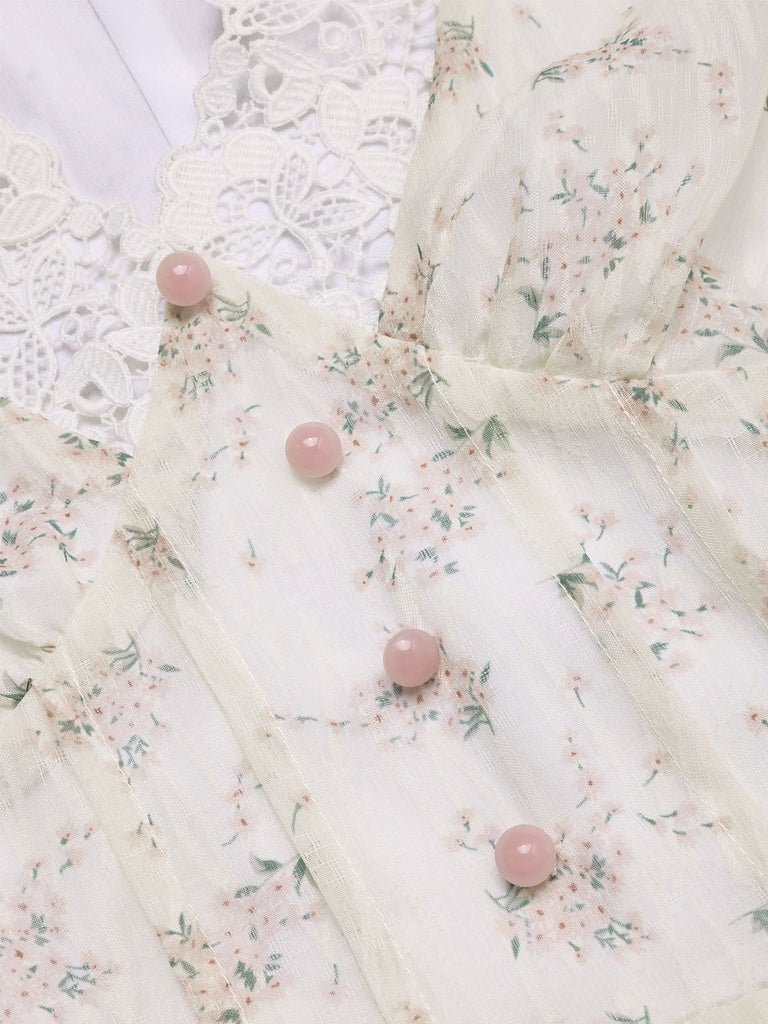 [Vorverkauf] 1940er Blumen Spitze V-Ausschnitt Kurzarm Midi Kleid