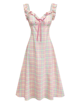 1950er Pastell Kariert Rüschen Bogen Herzausschnitt Kleid