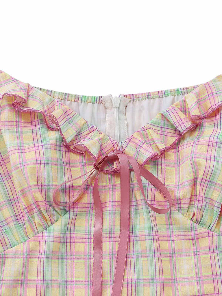 1950er Pastell Kariert Rüschen Bogen Herzausschnitt Kleid