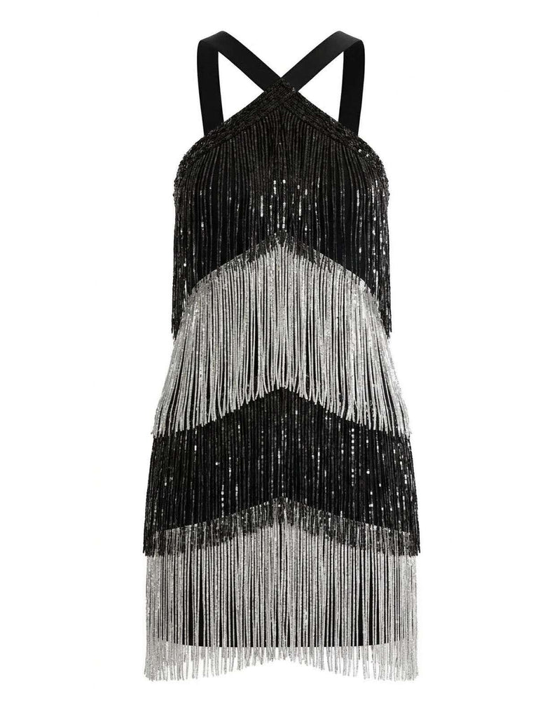 Schwarz 1920er Riemchen Fransen Pailletten Cocktail Kleid