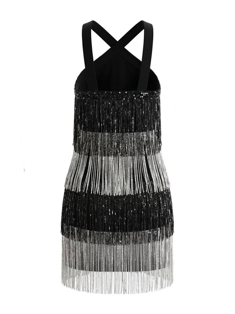 Schwarz 1920er Riemchen Fransen Pailletten Cocktail Kleid
