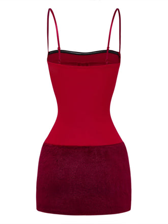 Dunkelrotes 80er Bodycon-Kleid mit Spaghettiträgern und Flauschsaum
