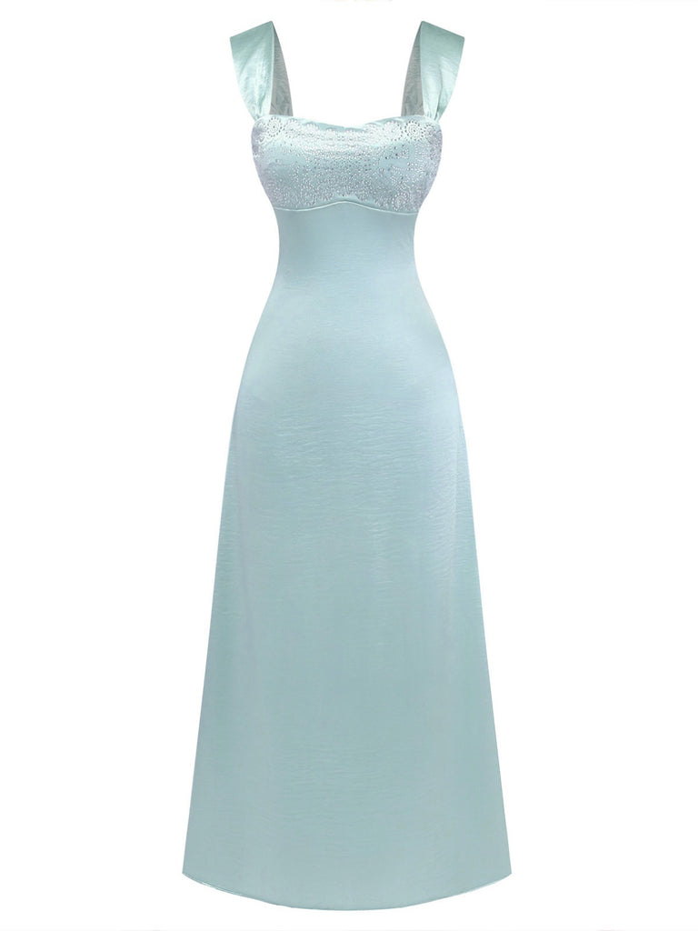 1930er Satin Strassstein Breite Träger Maxi Kleid