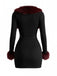 Schwarzes 80er Bleistiftkleid & Kurzmantel-Set mit Fellbesatz