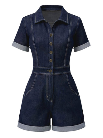 Dunkelblau 1960er Hemd Kragen Denim Romper