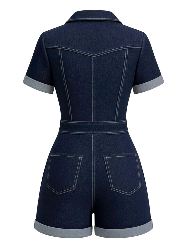 Dunkelblau 1960er Hemd Kragen Denim Romper