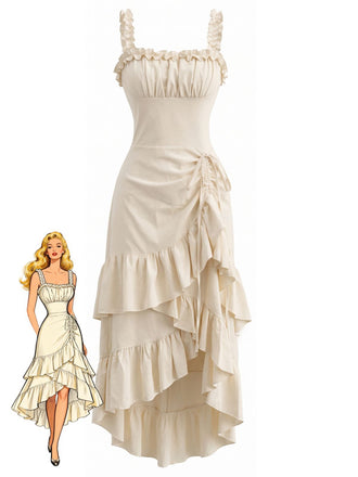Beige 1980er Uni Rüschensaum Trägerkleid