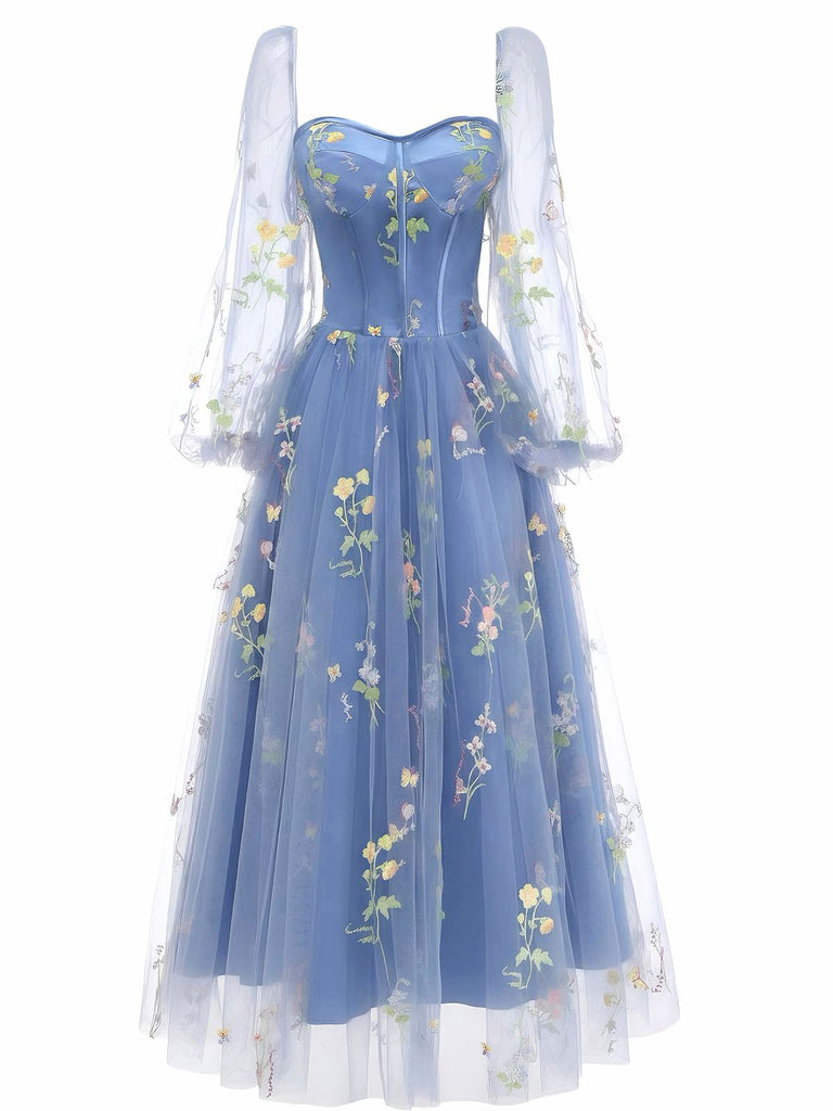 [Vorverkauf] Blau 1930er Blumen Bestickt Netz Langarm Kleid