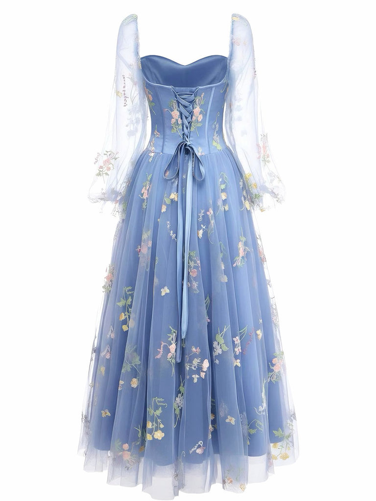 [Vorverkauf] Blau 1930er Blumen Bestickt Netz Langarm Kleid